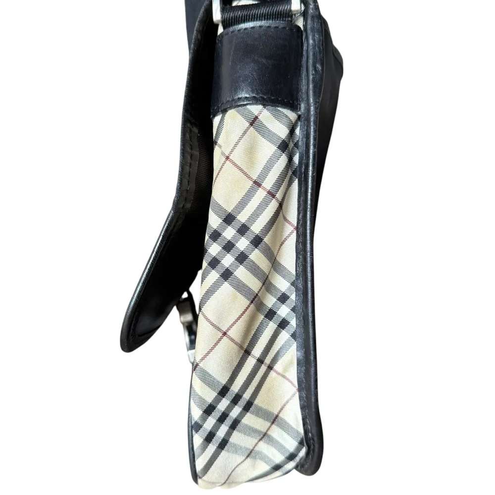 Burberry Nova Check Black Label Messenger Bag in Black Nylon with Leather Trim